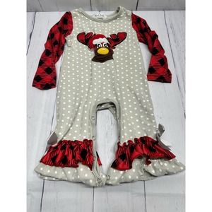 Marie Nicole Reindeer Buffalo Plaid Ruffle Romper Sz 6-12M